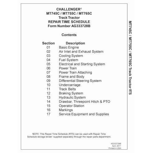 Challenger MT745C, MT755C, MT765C CE rubber track tractor pdf repair time schedule  - Challenger manuals - CHAL-AG333728B-EN