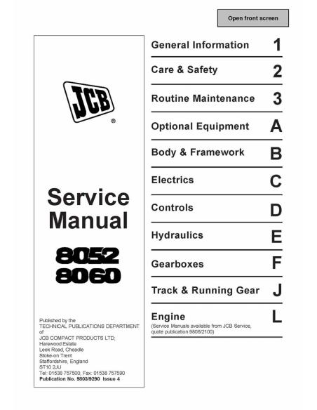 JCB-9803-9290 Jcb 8052, 8060 manual de servicio de la miniexcavadora