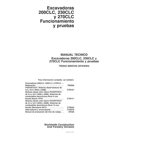 John Deere 200CLC, 230CLC, 270CLC escavadeira pdf manual de diagnóstico e testes ES - John Deere manuais - JD-TM2943-ES