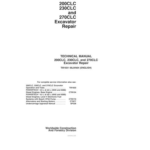 John Deere 200CLC, 230CLC, 270CLC escavadeira pdf manual técnico de reparo - John Deere manuais - JD-TM1931-EN