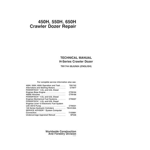 TM1744 John Deere 450H, 550H, 650H crawler dozer repair technical manual (TM1744)