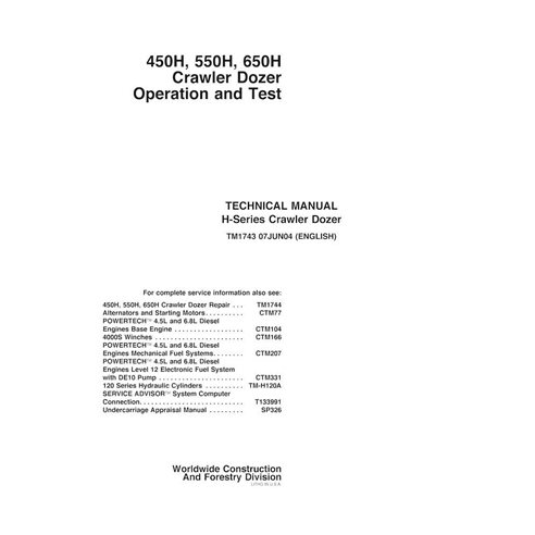 TM1743 John Deere 450H, 550H, 650H crawler dozer operation & test technical manual (TM1743)