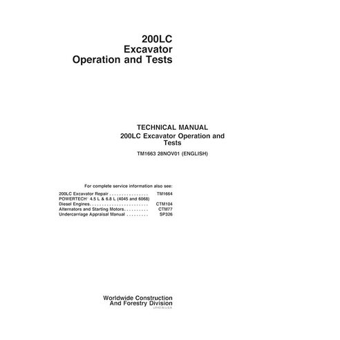 Manual técnico de operação e teste da escavadeira John Deere 200LC pdf - John Deere manuais - JD-TM1663-EN