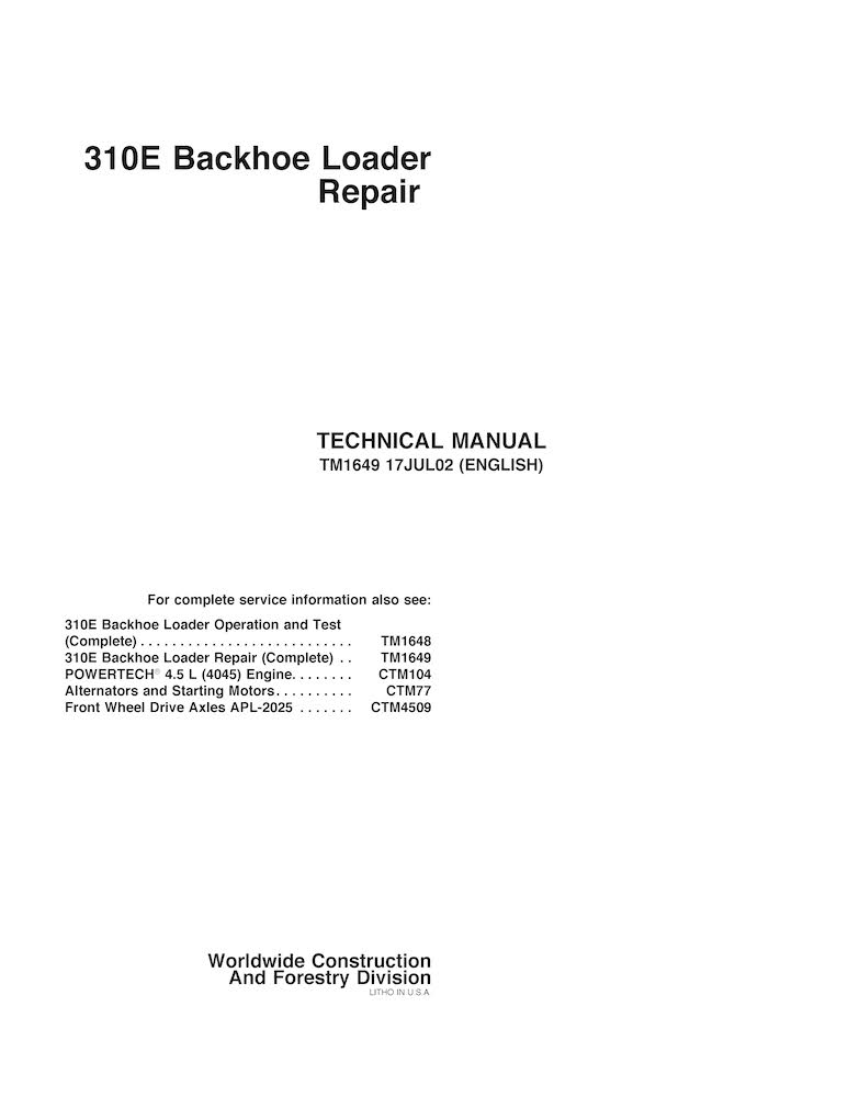 John Deere 310E backhoe loader pdf repair technical manual