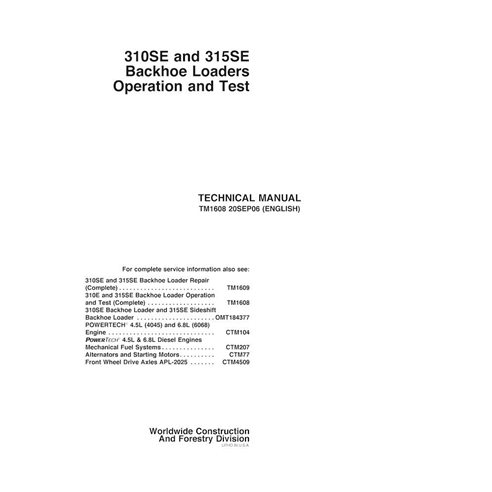 John Deere 310SE, 315SE retroescavadeira pdf manual técnico de reparo - John Deere manuais - JD-TM1608-EN