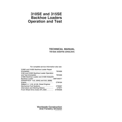 TM1608 John Deere 310SE, 315SE backhoe loader repair technical manual (TM1608)