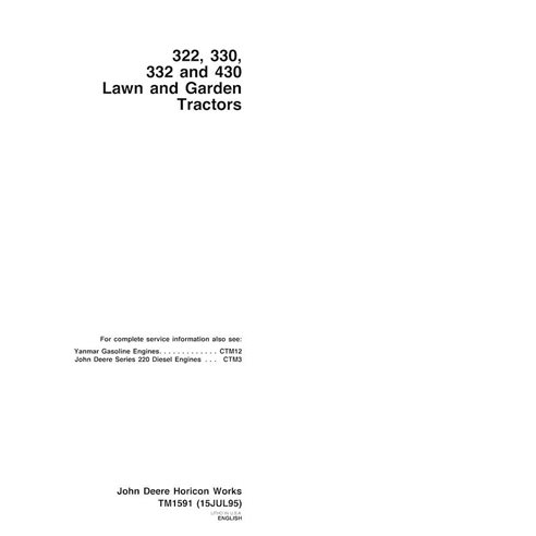 John Deere 322, 330, 332, 430 lawn tractor pdf technical manual  - John Deere manuals - JD-TM1591-EN