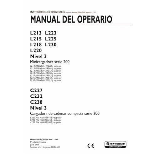 New Holland L213, L215, L218, L220, L223, L225, L320, C227, C232, C238 cargador pdf manual del operador ES - New Holland Cons...