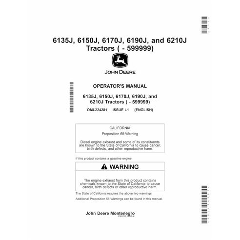 JD-OML224281 Manuel d'utilisation du tracteur John Deere 6135J, 6150J, 6170J, 6190J, 6210J (OML224281)