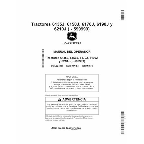 John Deere 6135J, 6150J, 6170J, 6190J, 6210J trator pdf manual do operador ES - John Deere manuais - JD-OML224287-ES