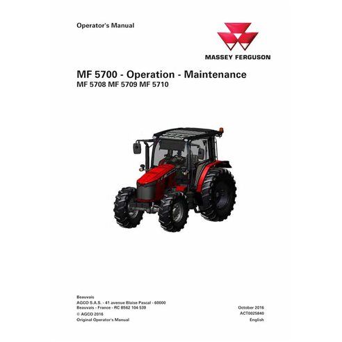 Massey Ferguson MF5708, MF5709, MF5710 Tier 2 avec tracteur à cabine pdf manuel d'utilisation et d'entretien - Massey-Ferguso...