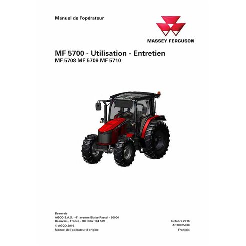 Massey Ferguson MF5708, MF5709, MF5710 Tier 2 avec tracteur à cabine pdf manuel d'utilisation et d'entretien FR - Massey-Ferg...