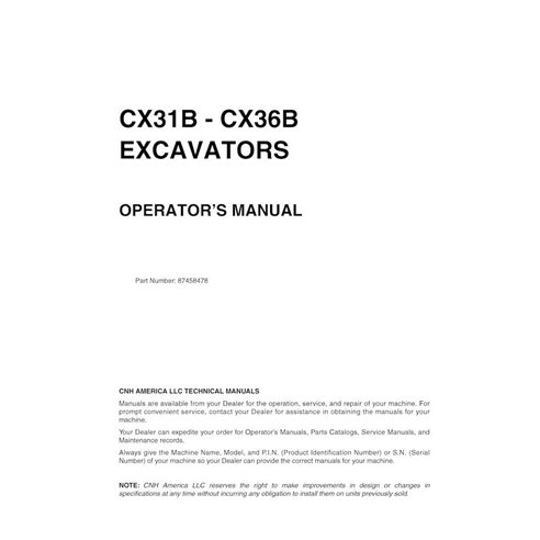Case CX31B, CX36B excavatrice pdf manuel d'utilisation - Cas manuels - CASE-87458478-EN