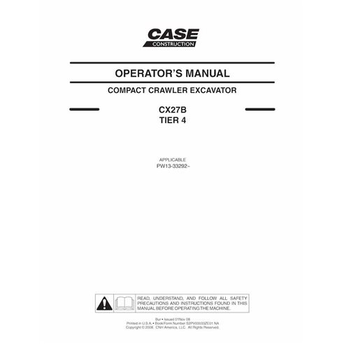 Case CX27B Tier 4 excavator pdf operator's manual  - Case manuals - CASE-S2PV00033ZE01-EN