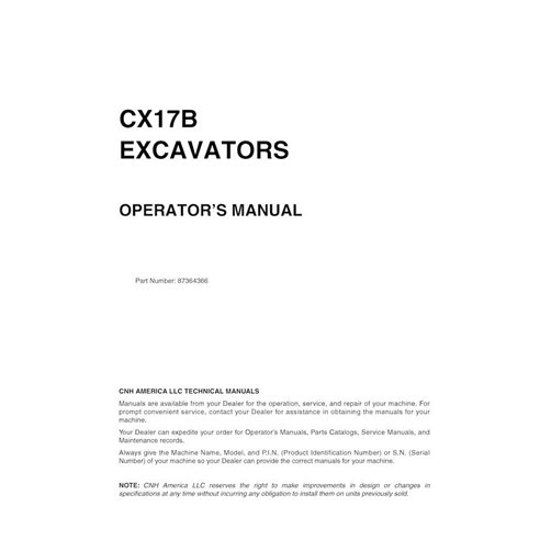 Manual do operador da miniescavadeira Case CX17B pdf - Caso manuais - CASE-87364366-EN