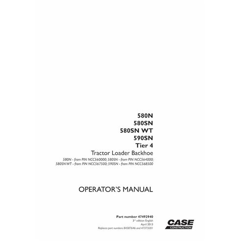 Manual do operador da retroescavadeira Case 580N, 580SN, 590SN Tier 4 - Caso manuais - CASE-47492940-EN