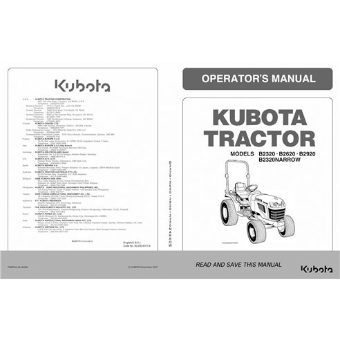 Kubota B2320, B2620, B2920 manuel d'utilisation du tracteur pdf - Kubota manuels - KUBOTA-6C300-6311-6-EN