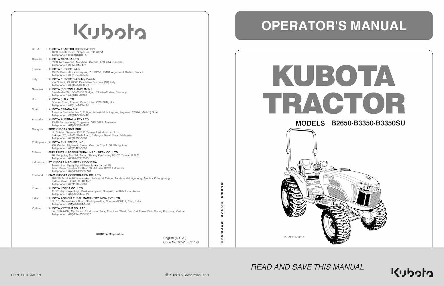 Kubota B2650, B3350, B3350SU trator pdf manual do operador