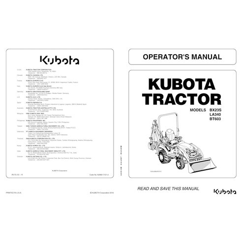 Kubota B23S, LA340, BT603 manuel d'utilisation du tracteur pdf - Kubota manuels - KUBOTA-K2892-7121-2-EN
