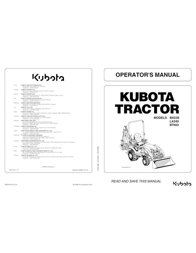 Kubota B23S, LA340, BT603 tractor pdf operator's manual