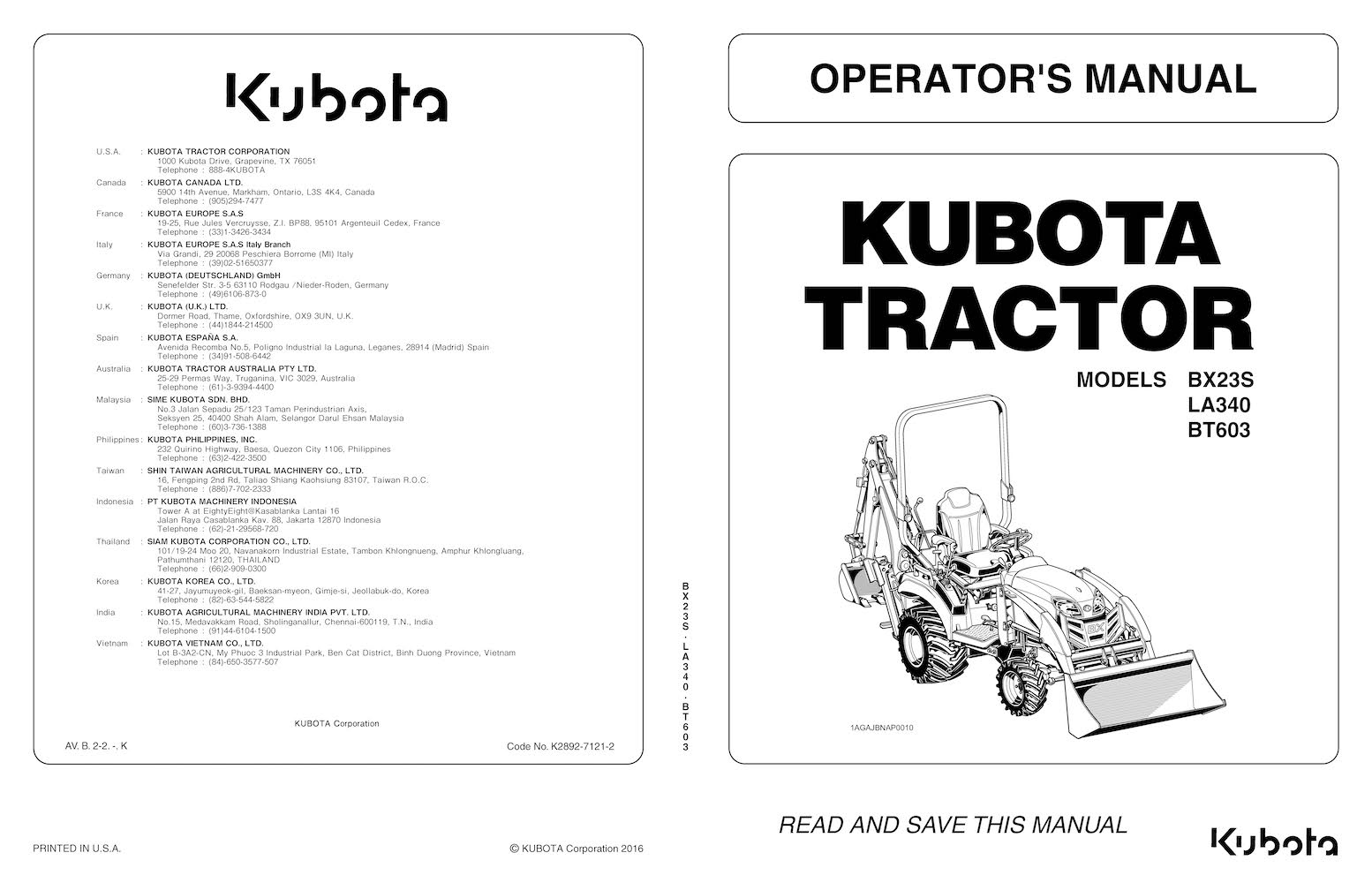 Kubota B23S, LA340, BT603 tractor pdf operator
