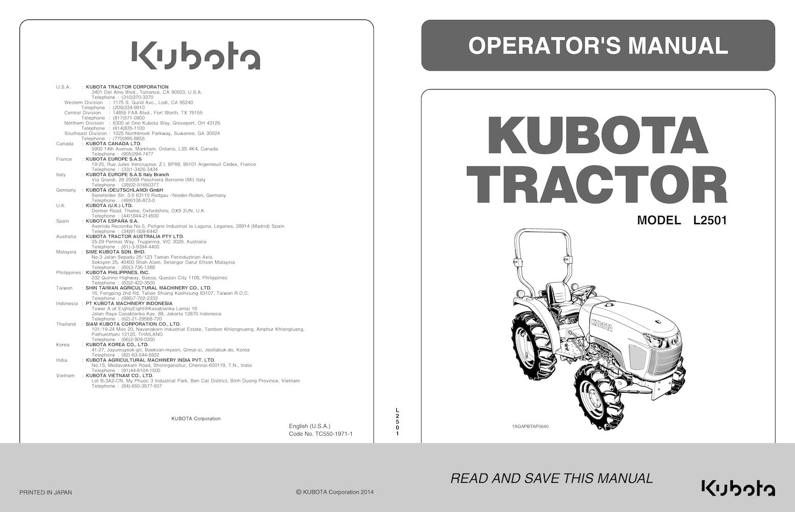 Kubota L2501 Tractor Pdf Operators Manual