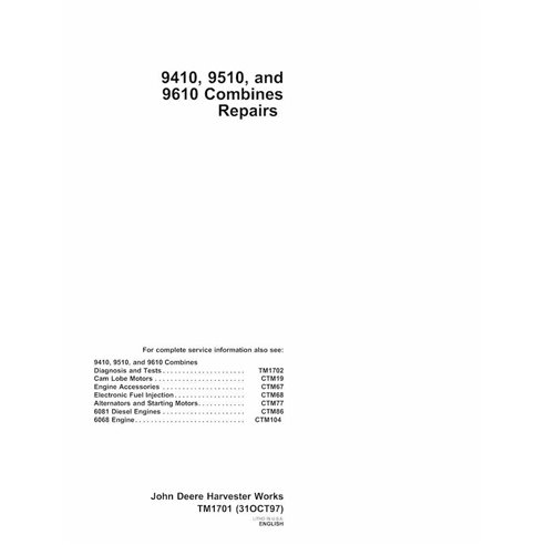 TM1701 Manual técnico de reparación de cosechadoras John Deere 9410, 9510 y 9610 (TM1701)