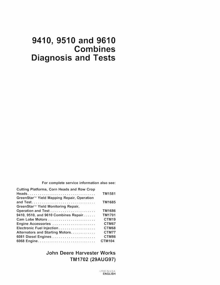 John Deere 9410, 9510, 9610 combine pdf diagnosis and tests manual