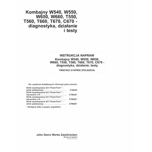 TM401653-PL Manual de diagnóstico y pruebas para cosechadoras John Deere W540, W550, W650, W660, T550, T560, T660, T670 y C67...