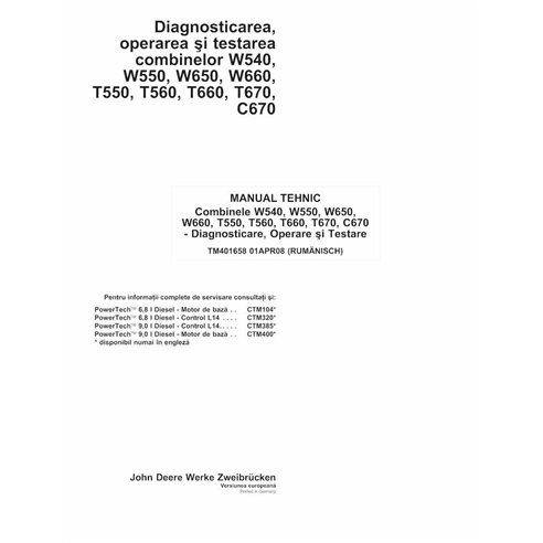 TM401658-RO Manual de diagnóstico y pruebas para cosechadoras John Deere W540, W550, W650, W660, T550, T560, T660, T670 y C67...