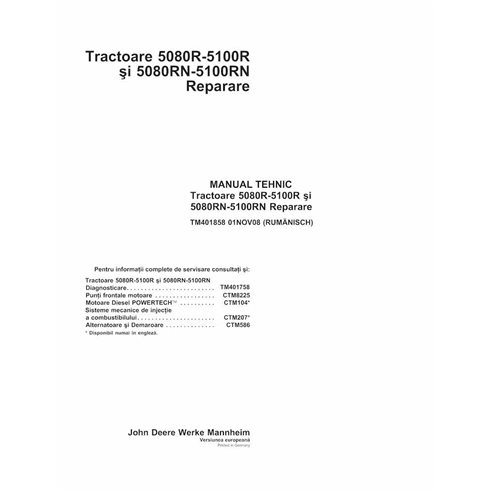 John Deere 5080R, 5090R, 5100R, 5080RN, 5090RN, 5100RN trator pdf reparação manual técnico RO - John Deere manuais - JD-TM401...