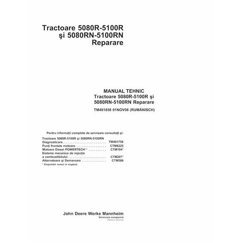 TM401858-RO Manual técnico de reparación de tractores John Deere 5080R, 5090R, 5100R, 5080RN, 5090RN, 5100RN RO (TM401858)