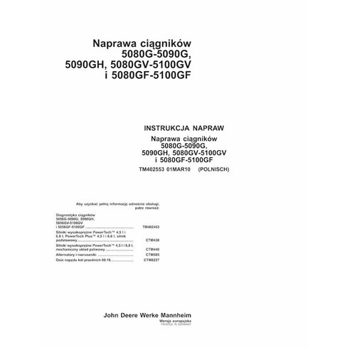TM402553-PL Manual técnico de diagnóstico do trator John Deere 5080, 5090, 5090GH, 5080GV, 5100GV, 5080GF PL (TM402553)