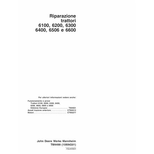 John Deere 6100, 6200, 6300, 6400, 6506, 6600 tracteur manuel technique de réparation pdf IT - John Deere manuels - JD-TM4499-IT