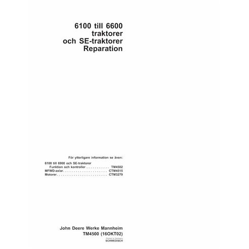 John Deere 6100, 6200, 6300, 6400, 6506, 6600 tracteur manuel technique de réparation pdf SV - John Deere manuels - JD-TM4500-SV