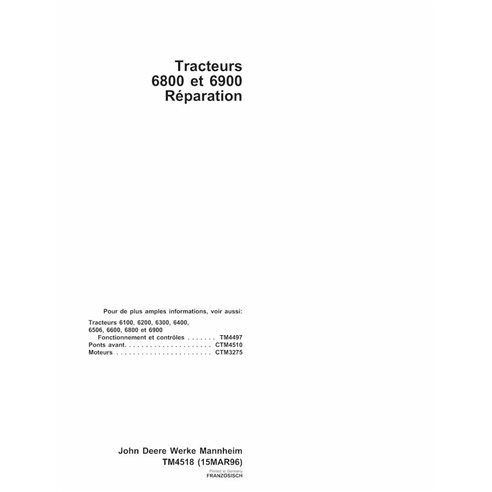 John Deere 6800, 6900 tracteur pdf manuel technique de réparation FR - John Deere manuels - JD-TM4518-FR