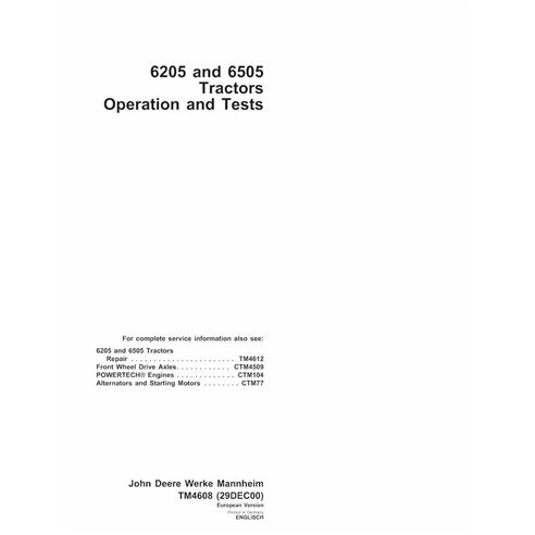 TM4608-DE Manual técnico de operación y prueba de tractores John Deere 6205 y 6505 DE (TM4608)