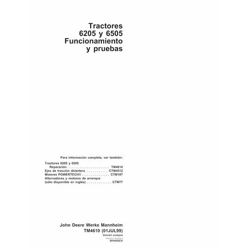TM4610-ES John Deere 6205, 6505 tractor operation & test technical manual ES (TM4610)