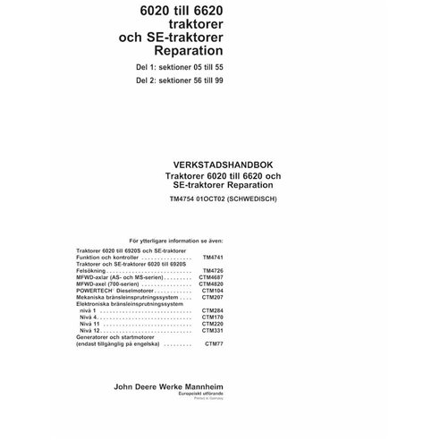 TM4754-SV Manual técnico de reparación de tractores John Deere 6020, 6120, 6220, 6320, 6420, 6420S, 6520, 6620 SE SV (TM4754)