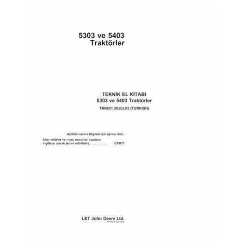 John Deere 5303, 5403 tracteur pdf manuel technique TR - John Deere manuels - JD-TM4831-TR