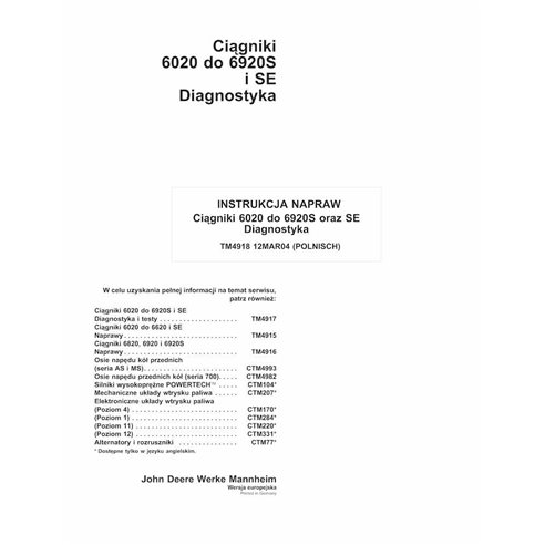 TM4918-PL John Deere 6020, 6120, 6220, 6320, 6420, 6420S, 6520, 6620, 6820, 6920 tracteur pdf diagnostic manuel technique PL