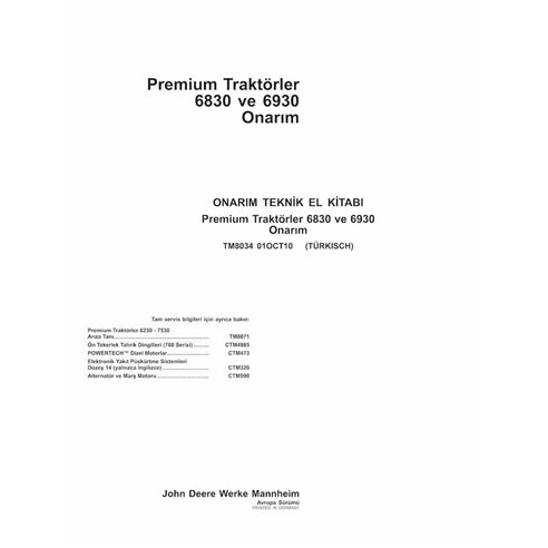 John Deere 6830, 6930 tracteur pdf réparation manuel technique TR - John Deere manuels - JD-TM8034-TR