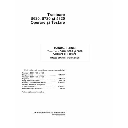 TM8080-RO John Deere 5620, 5720, 5820 tracteur pdf fonctionnement et test manuel technique RO