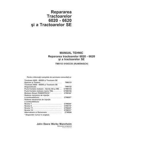 John Deere 6020, 6120, 6220, 6320, 6420, 6420S, 6520, 6620 SE trator pdf reparação manual técnico RO - John Deere manuais - J...