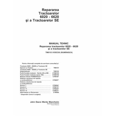 TM8153-RO John Deere 6020, 6120, 6220, 6320, 6420, 6420S, 6520, 6620 SE tractor repair technical manual RO (TM8153)