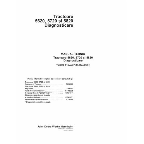 John Deere 5620, 5720, 5820 trator pdf manual técnico de diagnóstico RO - John Deere manuais - JD-TM8162-RO