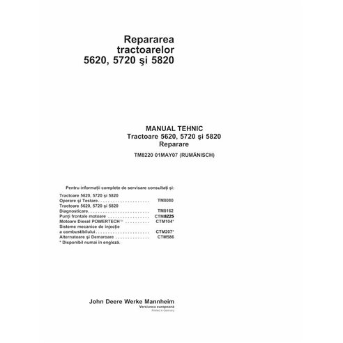 TM8220-RO Manual técnico de reparação do trator John Deere 5620, 5720, 5820 RO (TM8220)