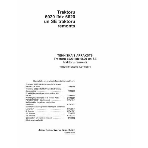 TM8248-LV John Deere 6020, 6120, 6220, 6320, 6420, 6420S, 6520, 6620 SE tractor repair technical manual LV (TM8248)