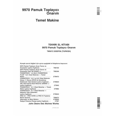 Colhedora de algodão John Deere 9970 pdf manual técnico TR - John Deere manuais - JD-TM9072-TR
