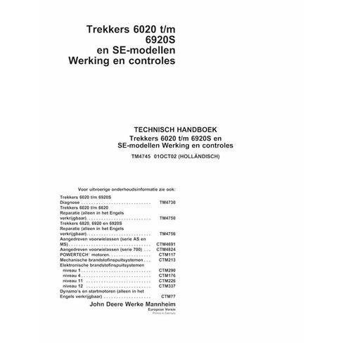 TM4745-NL John Deere 6020, 6120, 6220, 6320, 6420, 6420S, 6520, 6620, 6820, 6920 tractor diagnostic technical manual NL (TM4745)